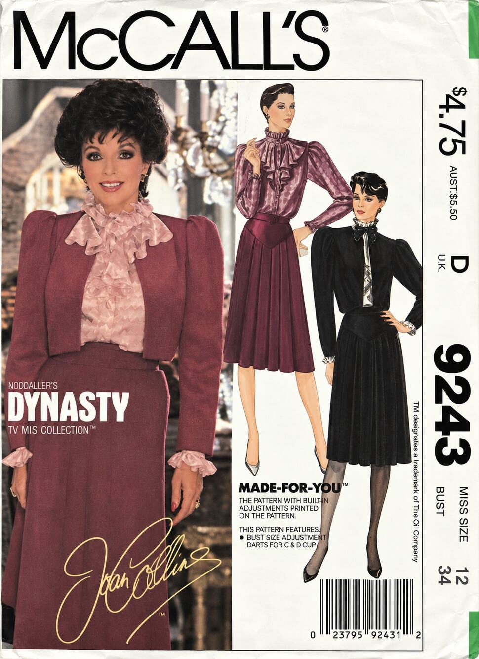 Vintage 9243 McCall DYNASTY SEWING Pattern JABOT LACE Blouse Size 12 Uncut
